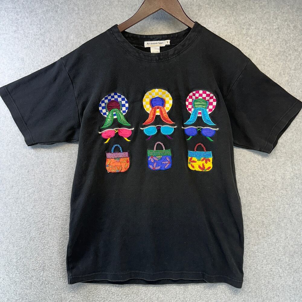 Vintage Accessory Lady Shirt Top Womens Small Black Cotton Crewneck Short Sleeve